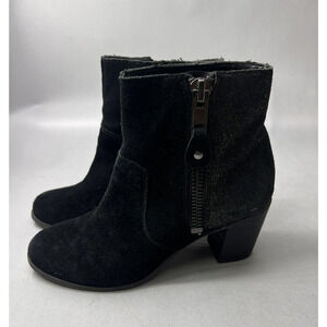 Franco Sarto Womens 6.5M Yogi Black Suede Metallic Heel Ankle Boots Side Zip